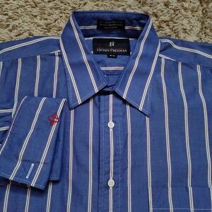 Hickey-Freeman Blue Striped Men Sz L 16 34 Long Sleeve Button‎ Up Made In USA